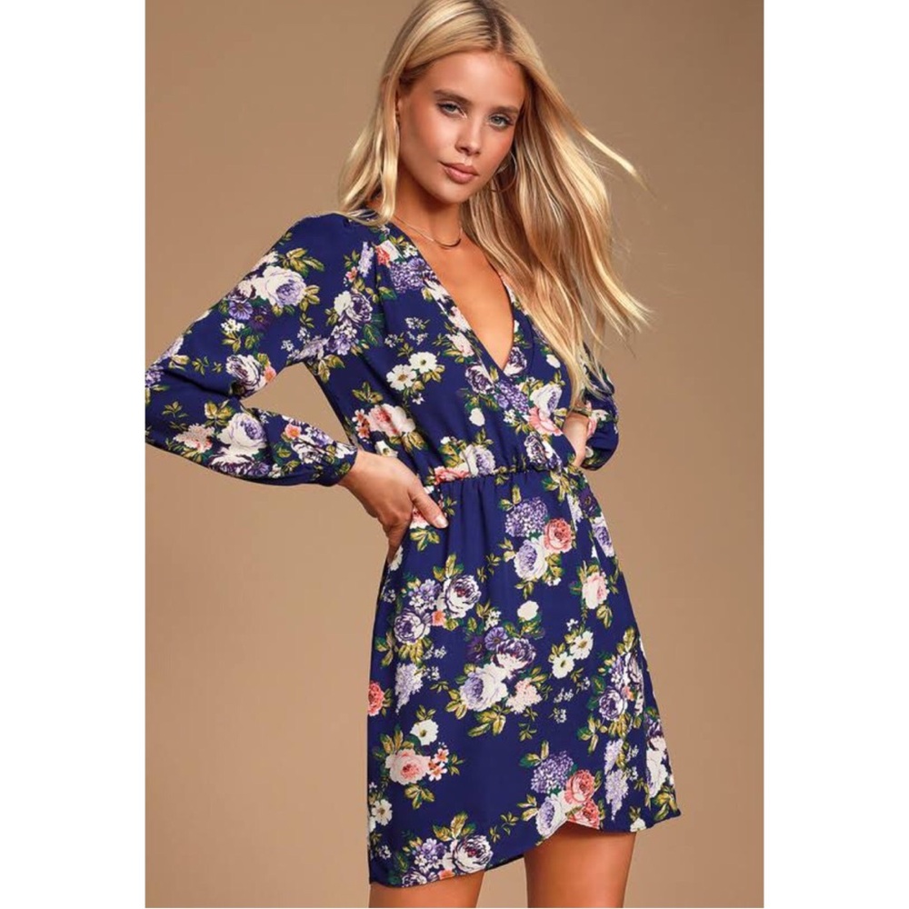 Lulu's Long Sleeve  Blue Floral Dress Size XL
